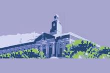 An image of a town hall style building with a clock tower, shrubbery in the foreground.