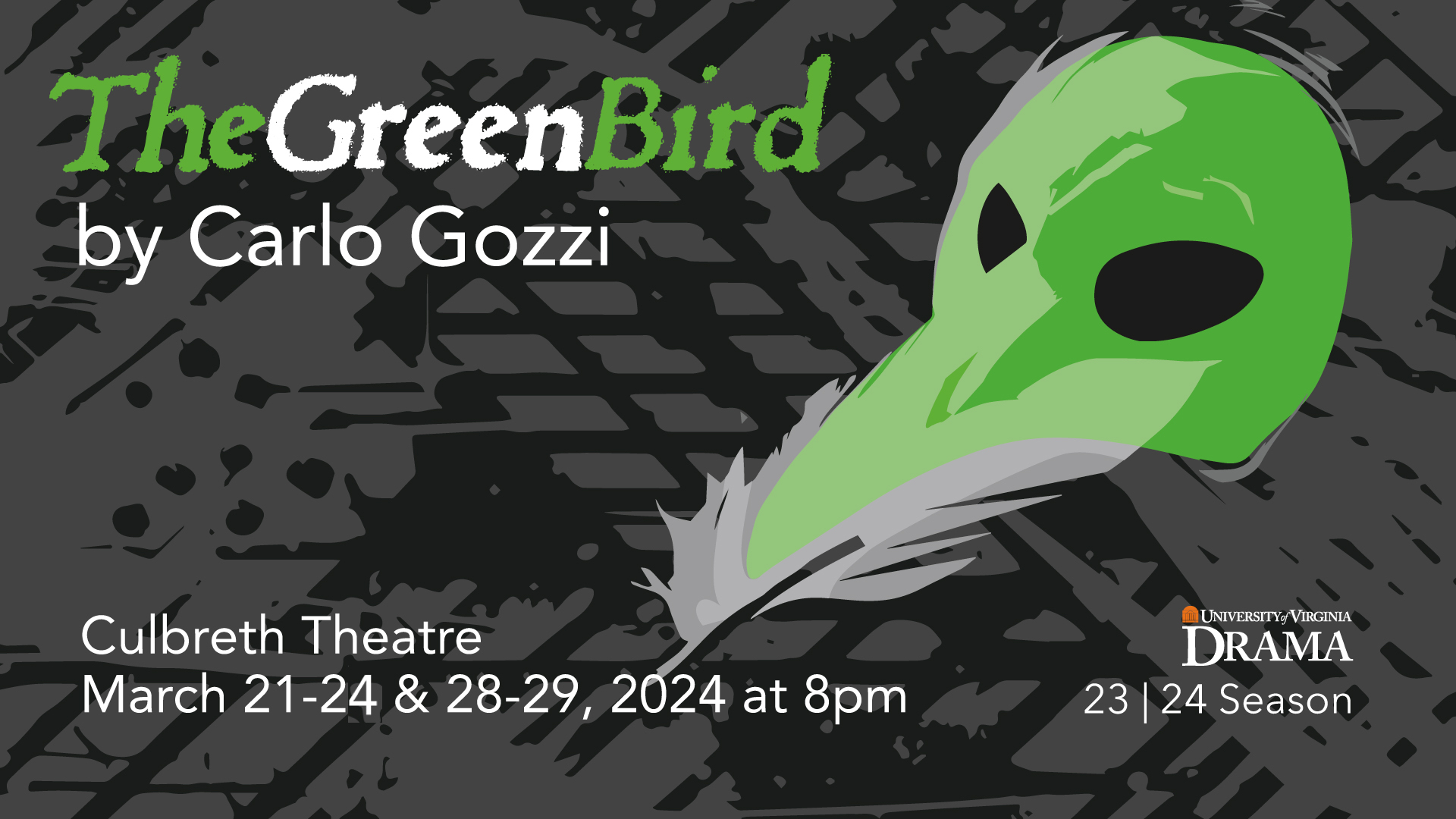 Graphic of a green bird mask with a feather in its beak.
