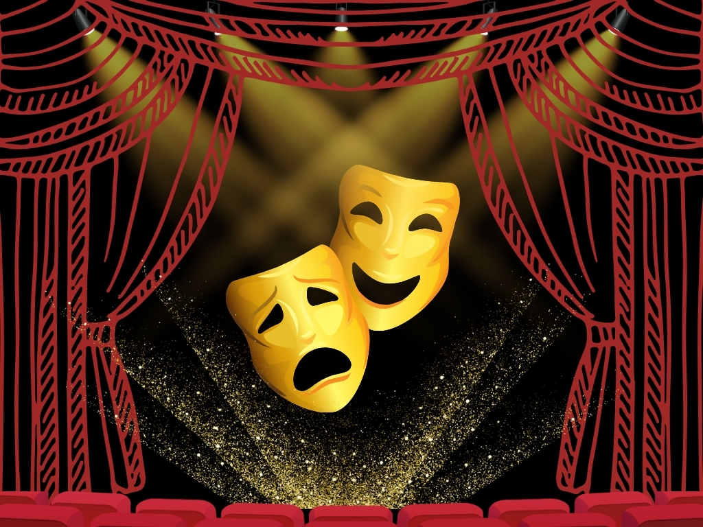 graphic of a theater stage, curtain, audience seats, with spotlights and a comedy/drama mask