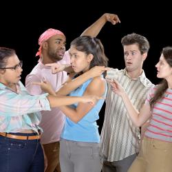 5 people pointing at each other against a black background.