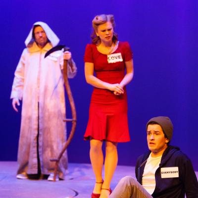 Death looks on as Love tries to help Everybody continue their journey.