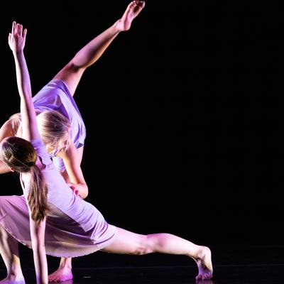 two dancers in a combined pose, each with one arm and one leg outstretched
