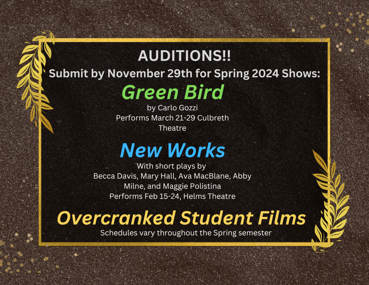 Audition notice with gold frame, leaves wrapping corners