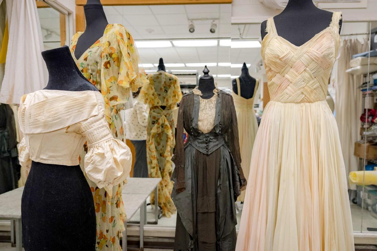 Some of the Historic Clothing Collection dresses on dress forms.