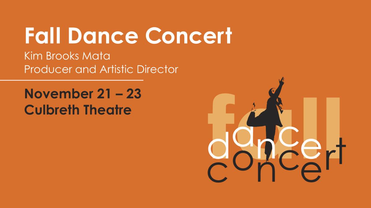 Orange background, Fall Dance Concert text-based graphic with dancer silhouette