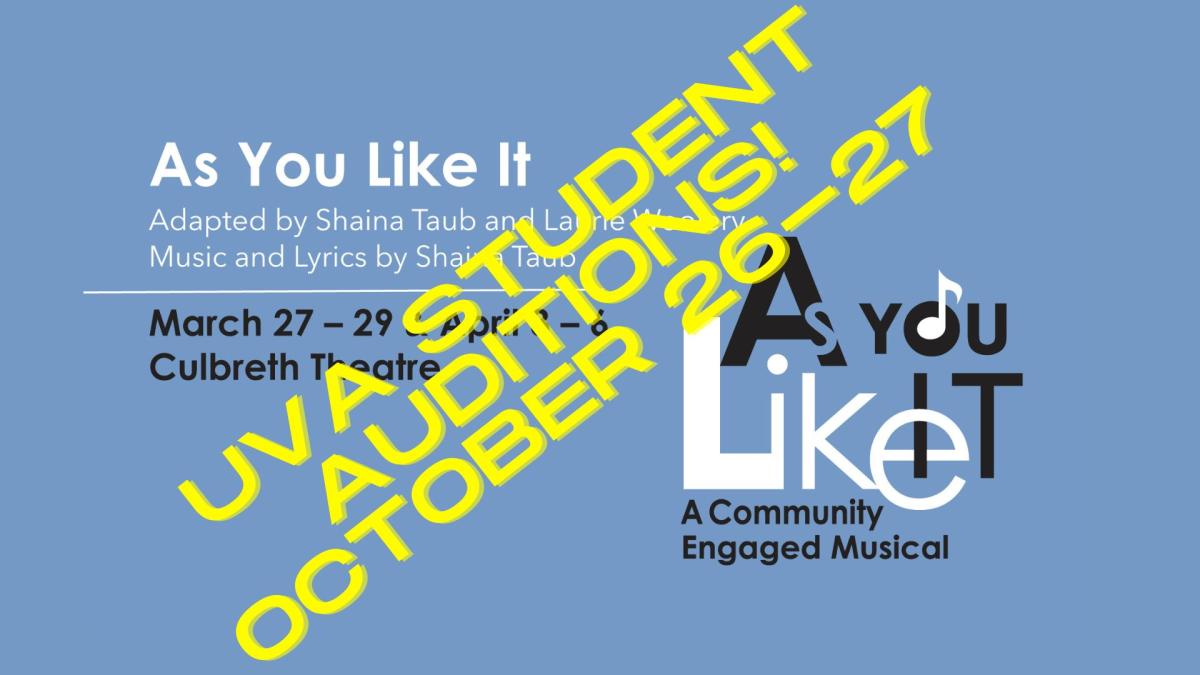 Text-based graphic for AS YOU LIKE IT with UVA STUDENT AUDITIONS in bright yellow