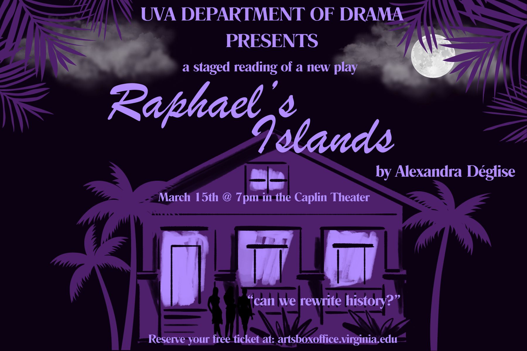 Raphael's Islands, dark purple background, house and palm trees in foreground