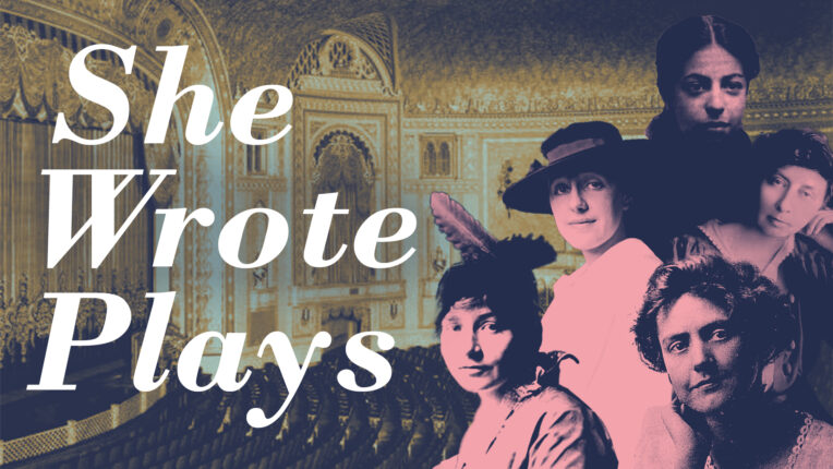 Image of a theater with female playwrights superimposed