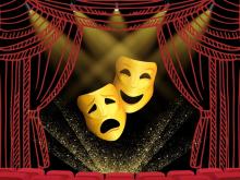 graphic of a theater stage, curtain, audience seats, with spotlights and a comedy/drama mask