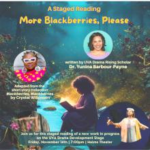 A somewhat fantastical nighttime in a magical wood background, with images of playwright Yunina Barbour-Payne, author Crystal Wilkinson, and an image of a young girl with thick, curly hair, reading a book that emits golden light.