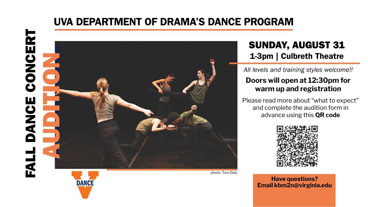 Photo of dancers in motion, text about auditions with link and QR code