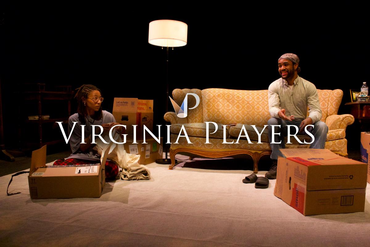 Virginia Players text and logo superimposed on a photo of two young actors on a living room set