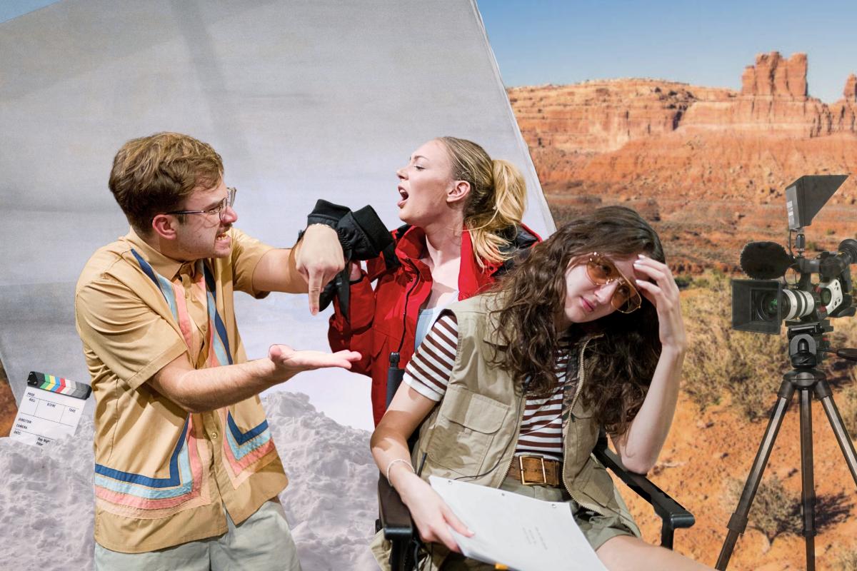 Desert background, two people arguing animatedly behind a young woman in a director's chair, holding a script, with a hand to her forehead.