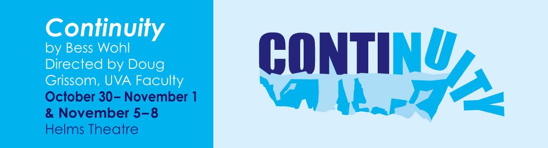 2-color blue background, the word CONTINUITY on and falling off the right hand edge of an iceberg.