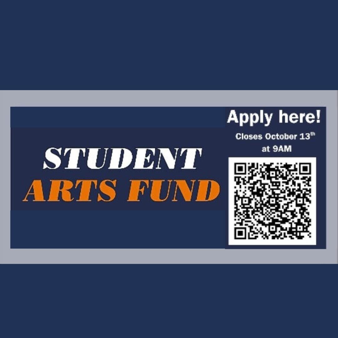 Dark blue background with text and a QR code
