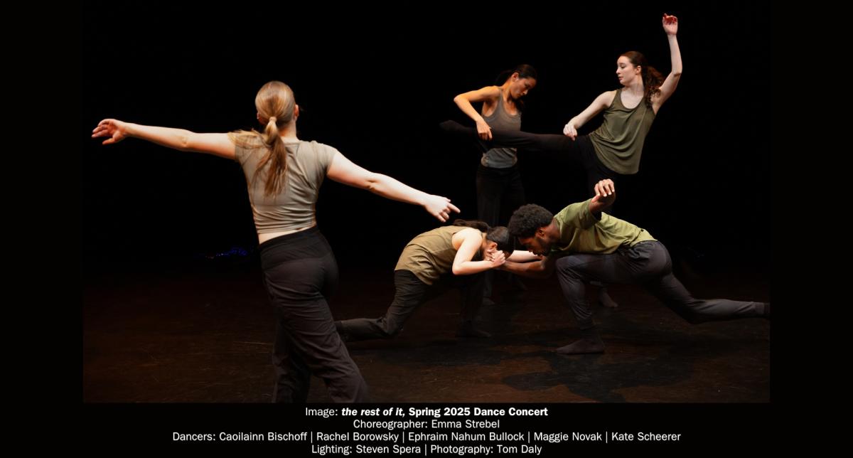 Dark background, 5 dancers in various poses, in green tops and black pants